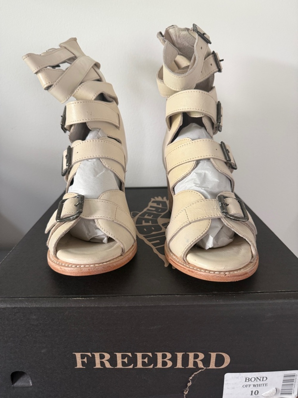 freebird Off-White Multi-Buckle Gladiator Heels